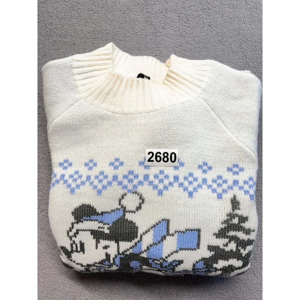 H&M Divided Disney Mickey Mouse Skiing Fair Isle Mock Neck Sweater Cream Mens M